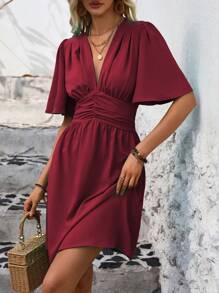 SHEIN Clasi Women's Summer Solid Color Ruffle Short Sleeve Casual Dress With Waist Pleats Burgundy Color Women Outfit - Burgundy - View 3