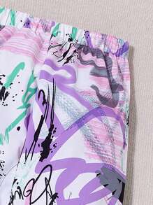 SHEIN Tween Girl Graffiti Print Elastic Waist Pants - Multicolor - View 4
