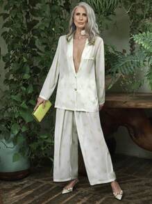 SHEIN LUNE Fall Light Green Paris Postmark Print Natural Shell Buttons Casual Simple Ultra Loose Women's Semi-Transparent Chiffon Wide-Leg Pants - Multicolor - View 6