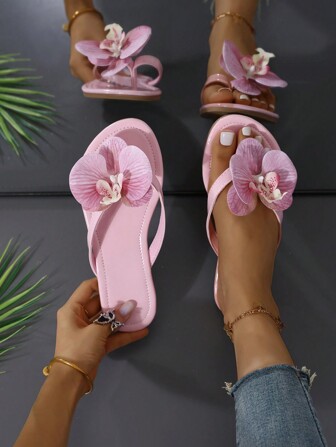 2pcs/Set Flower Beach Sandals, New 2025 Summer Casual Flat Slippers For Women, Comfortable Holiday Style, Plus Size