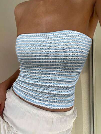 INAWLY Summer Color-Block Textured Open Shoulder Women's Tube Top