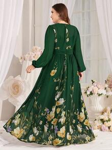 Plus Size Floral Print Lantern Sleeve Dress, Spring/Summer - Dark Green - View 2