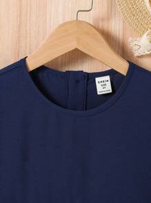 SHEIN Young Girl's Loose Fit Color-Blocking Round Neck Casual Dress With Ruffle Trim, Knitting - Navy Blue - View 4