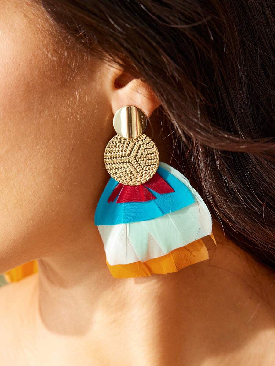 SHEIN VCAY 時尚羽毛手工假日風格耳環