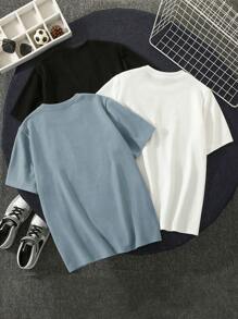 SHEIN 3pcs Teen Boys' All-Match Solid Color Textured Round Neck Short Sleeve Knit T-Shirt Set, Spring/Summer, Basic Top, School, Campus, College