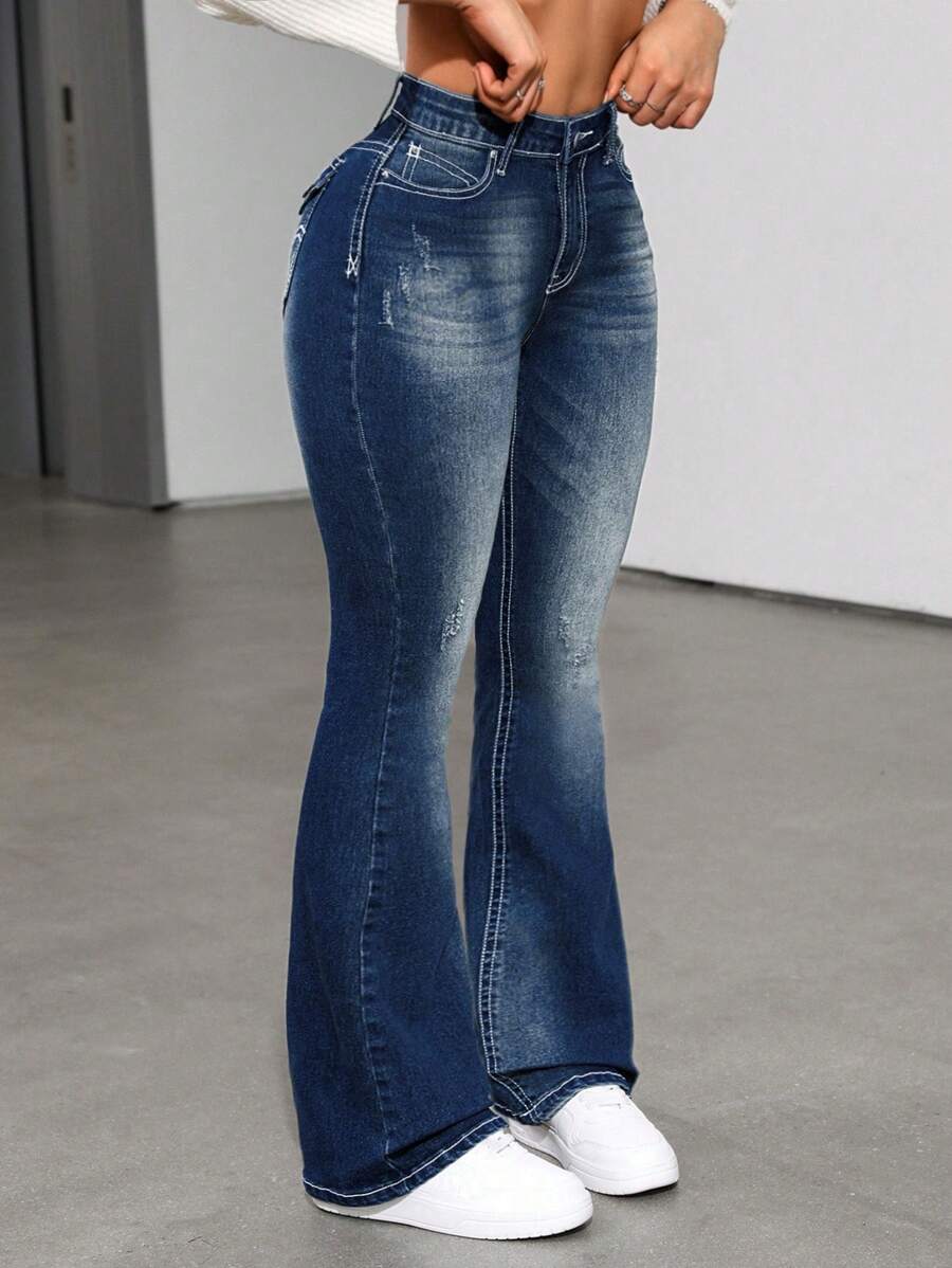 SHEIN ICON Women's Flared Casual Jeans With Pockets - Medium Wash - View 1