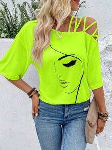 EMERY ROSE 女式夏季抽象脸部印花不对称领休闲 T 恤图案 T 恤女式上衣 - 綠色 - 查看 3