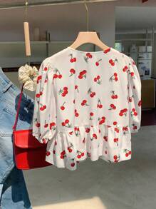 Comfortcana Áo Sơ Mi Mùa Hè Nữ Hở Mặt Trước In Hình Anh Đào Với Tay Phồng Và Viền Ruffle - Nhiều màu - Xem 2