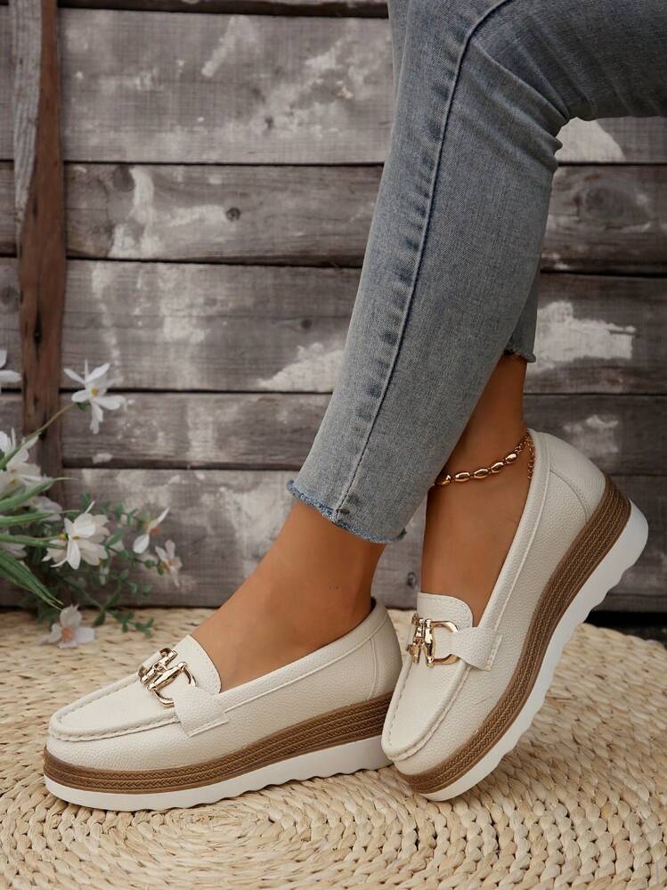 Zapatos cómodos de suela gruesa y antideslizante para otoño/invierno, zapatos vaqueros planos de mujer en beige con suelas suaves y flexibles, zapatillas para mujer - Blanco - Añade 5