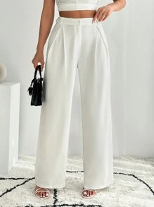 EURMUSE Women White Pleated Wide Leg Pants - White - View 1