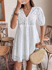 SHEIN Frenchy Eyelet Embroidery Knot Front Puff Sleeve Dress For Summer Vacation Women's Date Night Dress Earthy Clothes Old Money Summer Plain Bow Tie Texture Peter Pan Collar Dress Knotted Casual Short Sleeve Dress Tie Dress Puff Sleeves Babydoll Casual Dress Cute Summer Dress Back To School Clothes Fall Women Clothes 4th Of July Clothes White