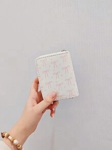 ROMWE Kawaii Bază albă cu portofel scurt cu imprimeu roz cu fundă, suport creativ pentru carduri multifuncțional