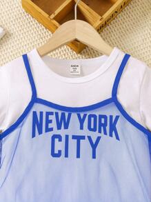 SHEIN Young Girl Warm Vacation Letter Print Short Sleeve Dress And Mesh Ruffle Trim Decorated Spaghetti Strap Dress