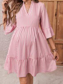 SHEIN Women's Stand Collar Striped Shirt Dress With Three-Quarter Sleeves For Maternity - Pink - View 6