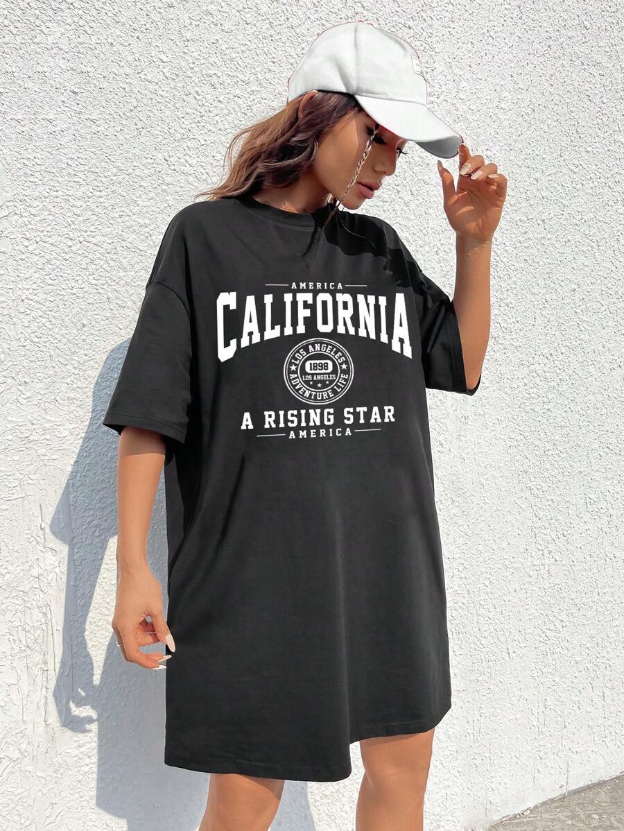 SHEIN EZwear Casual White California English Print Black Loose Crew Neck Short Sleeve Cropped Dress, Suitable For Summer & Sports Season, Cotton Blend - Black - View 1