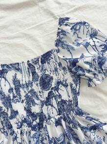 Soleia 女式藍白印花蓬蓬袖方領收腰A字裙，適合於度假 - 藍色 - 查看 5