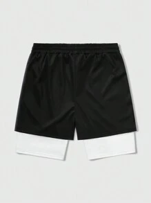 ROMWE MEN Prep Men's 2 In 1 Second Dimension Printed Breathable Shorts For Daily Wear, Spring And Summer - Black - View 2