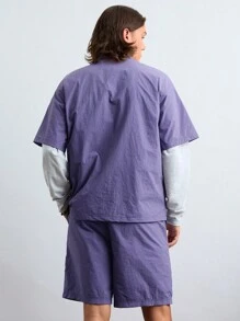 Manfinity VCAY Men's Woven Fashionable Casual Solid Color Loose Fit Short Sleeve Shirt And Shorts Set, Daily Wear.Men Shirts .Men Shorts.Cargo Men Pants.Button Down Shirt,Two-Piece Purple,Sunscreen And Waterproof