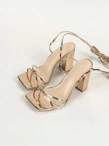 女款香檳金方頭十字交叉繫帶高跟鞋,性感優雅派對鞋,百搭舒適增高功能 - 香檳色 - 查看 3