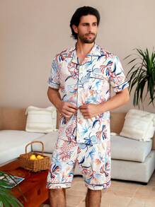 Manfinity ChillVibe Men Tropical Print Contrast Piping Top & Shorts PJ Set / Pajama Set - Multicolor - View 3