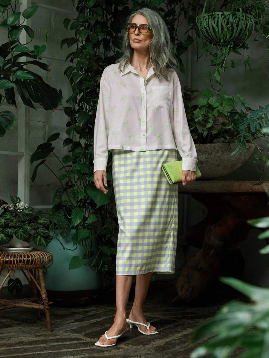 SHEIN LUNE Women's Summer Casual Green French Paris Postmark Print Satin Short Sleeve Shirt - Multicolor - View 1