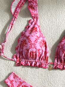 Conjunto de bikini rosa de dos piezas con estampado floral para la playa veraniega con patrón de estampado aleatorio. - Multicolor - Ver 4