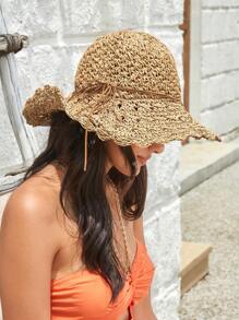 SHEIN VCAY 1pc Ladies' Cute, Basics Woven Texture, Handmade Crochet, Ruffled/Floral Edge Woven Hat, Suitable For Vacation, Picnic, Beach, Casual - Khaki - View 2