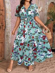 Breezaya Vestido de mangas abullonadas con cuello en V y estampado floral para talla grande
