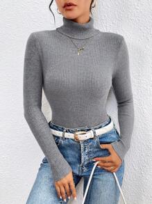 Mulvari Turtleneck Ribbed Knit Sweater For Autumn & Winter,Long Sleeve Tops - Dark Grey - View 5