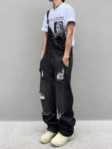 Manfinity Hypemode Overoles vaqueros con diseño rasgado, de moda y tendencia, de uso informal y para raperos, con presillas para cinturón, para salir