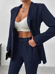 EURMUSE Ladies' Solid Color Suit With Lapel Collar Jacket And Pants - Navy Blue - View 3
