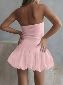 INAWLY 假日款實心打摺褶邊無肩帶連身裙 - 淺粉色 - 查看 2