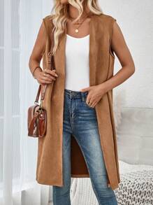 SHEIN LUNE Ladies' Casual Solid Color Sleeveless Cardigan Vest - Brown - View 3
