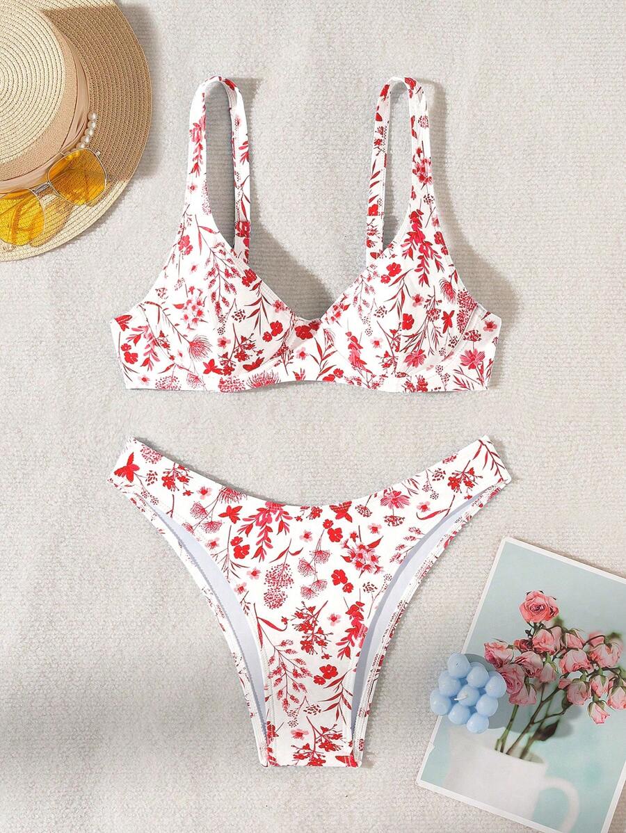 SHEIN Swim 女士两件套比基尼套装，随机印花，版权已购买，钢圈设计夏季海滩 - 彩色 - 查看 1