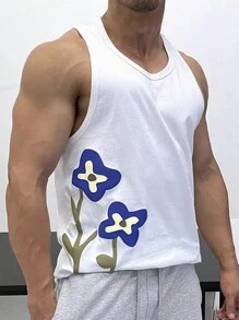 Men's Casual Comfortable Minimalist Flower Pattern Tank Top - White - View 1