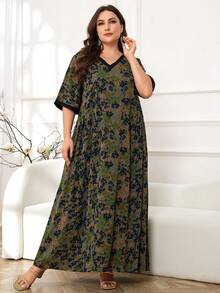 Al Najma 大码休闲日常穿着印花女式长袍，全长家居服 Jalabiya 宽松连衣裙 - 彩色 - 查看 4