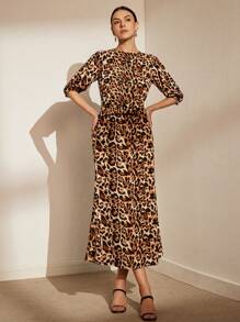 SHEIN Privé Random Leopard Print Open Front Top And Skirt Set - Multicolor - View 5