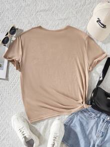 SHEIN Explorewe 青少女夏季時尚休閒圓領短袖T恤，帶有字母和棕櫚樹印花 - 卡其色 - 查看 2