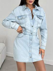 EURMUSE MINI SKIRT LONG SLEEVE DENIM DRESS - Light Wash - View 3