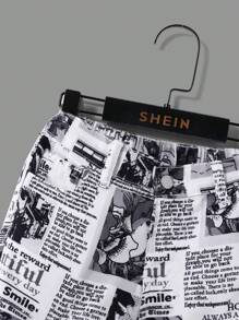 SHEIN Young Boy Casual Fashionable Newspaper Pattern Spliced With Black Stars Baggy Denim Jeans For Vacation And Dailywear - Black and White - View 3