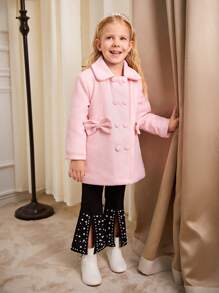 SHEIN Girls' Sweet Ladylike Wide Collar Loose-Fit Drop Shoulder Long Sleeve Thick Woolen Coat With 3D Bow, Solid Color, Autumn/Winter