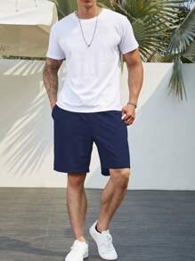 Manfinity Homme 男士素色腰部抽繩斜口袋短褲 - 藏蓝色 - 查看 5