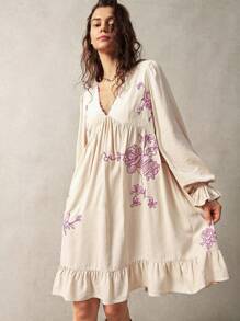 Bohemela Vacation Embroidery Women's Casual Mid-Length Dress, Beige Color, Summer - Apricot - View 7