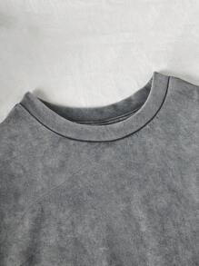 Comfortcana 加大碼酸洗復古針織損壞感寬鬆短袖T恤 - 深灰色 - 查看 3