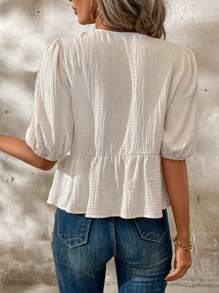 SHEIN Clasi Women's Summer Front Tie Short Puff Sleeve Peter Pan Collar Top With Ruffle Hem Back To School Shirts