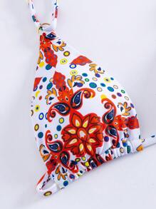 SHEIN Swim 女士夏季海灘花卉印花露背頸帶兩件式比基尼三角杯泳衣套裝，隨機印花 - 彩色 - 查看 3