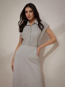 Aveloria Modichic 隨機經典條紋法式風格高腰修身通勤襯衫雪紡中長裙女夏季2件套裝 - 灰色 - 查看 3