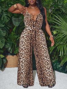 Slaydiva 2024 New Casual Streetwear  Leopard Print Hollow Chest Gold Chain Loose Waist Jumpsuit For Women - Z