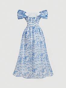 SHEIN MOD Vintage Court Style Floral Printed Off Shoulder Women's Dress Spring Floral Long Dress Formal Dresses Scottish Print Blue Dress Party Dress - Blue - View 2