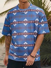 Manfinity RSRT Camiseta de cuello redondo con mangas cortas y estampado maduro Bohemio para hombres en vacaciones